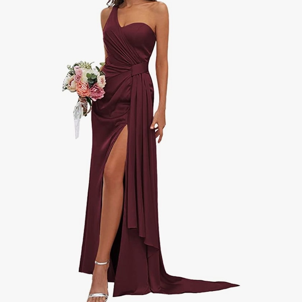 Burgundy satin one shoulder bridesmaid dress/ long ruched formal dress with slit